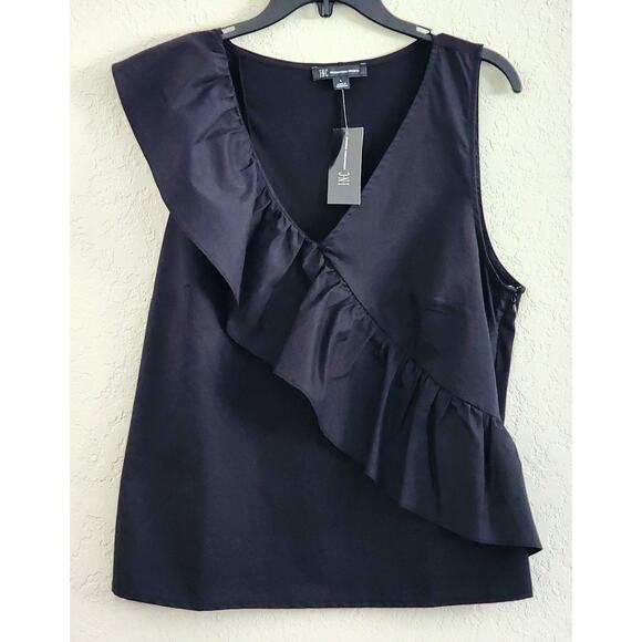 TOP/BLOUSE-INC-INTERNATIONAL CONCEPTS-Black-Sleeveless-Ruffle-Size LARGE - Picture 1 of 14